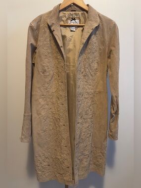 Vintage 80s Suede Embroidered Duster Jacket L Tan Western Boho